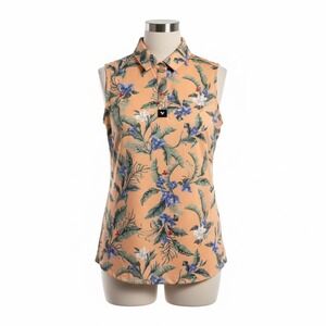 Bad Birdie Women Flora Fiesta Sleeveless Golf Polo Shirt Tropical Peach Floral L